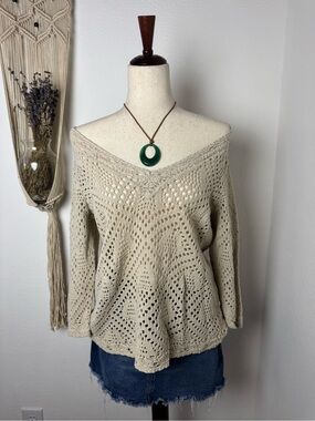 Liz Claiborne Open-Knit Off-Shoulder Sweater in Beige